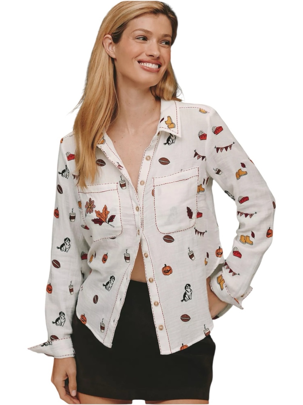 Pilcro Tabby Embroidered Icon Button Down Shirt Size L